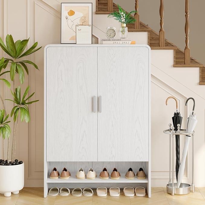 ONBRILL 6-Tier Shoe Storage Cabinet, 45'' Large Farmhouse Shoe Cabinet for Entryway, Modern Wooden Shoe Rack Organizer with Doors and Shelves, for Front Door Hallway (White)