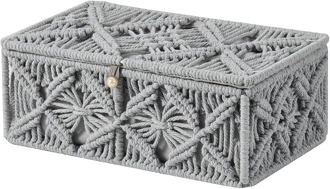 Decorative Boho Storage Baskets with Lid Bohemian Macrame Jewelry Box Handmade Natural Cotton Rope Woven Bins Memory Keepsake Photo Makeup Organizer Shelf Container (Gray, Small)