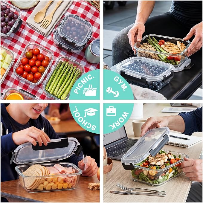 12 Pack Glass Meal Prep Containers with Lids, Glass Food Storage Containers with Snap Locking Lids, Airtight Lunch Containers for Microwave, Oven, Freezer and Dishwasher BPA Free (BLack)