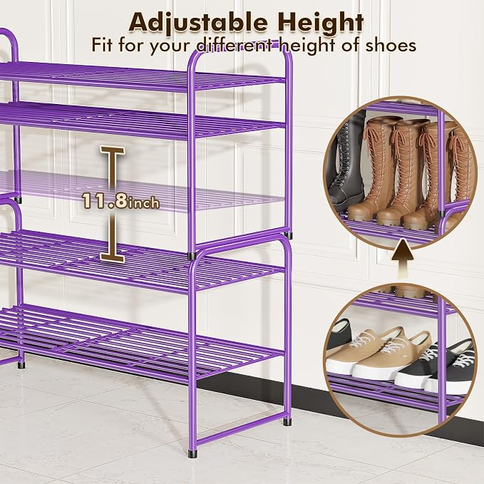 2 Pack Shoe Rack, 2-Tier Metal Stackable Shoe Shelf Storage Organizer, Heavy Duty Wire Shoe Stand for Entryway, Closet, Hallway, Holds 50 LBS, Purple