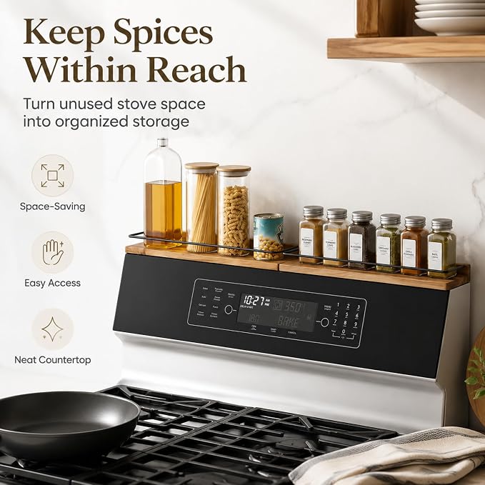 2-Piece 30" Magnetic Stove Top Shelf – Acacia Wood Spice Rack Organizer, No-Drill Over Stove Shelf for Kitchen, Strong Magnets, Heat Resistant, Easy Clean, Fits Gas/Electric Stoves
