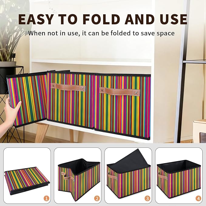 Mexican Stripes Closet Storage Bin, Foldable Storage Baskets for Shelves, Decorative Shelf Organizer Colorful Vertical Line Fabric Cube Bin for Living Room Bedroom Home Dorm