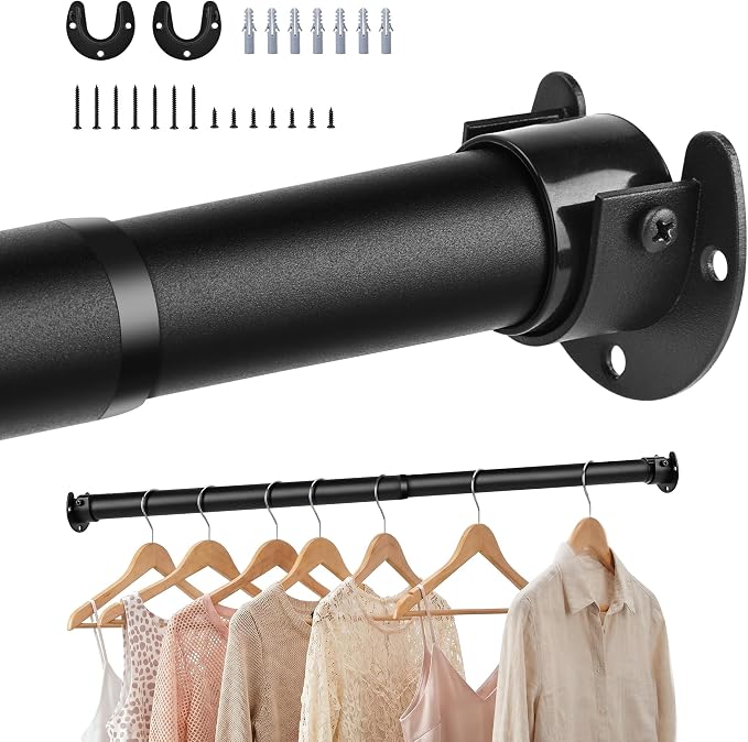 Adjustable Closet Rod for Hanging Clothes, 17-39inch Heavy Duty Metal tension clothes rod，1.3Inches Closet Pole with Hardware Kit for Closet Organization Laundry Room RV, Black