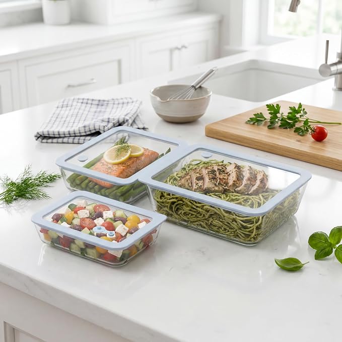 Urban Green Glass Food Container Set with Silicone Glass Lid, 3 Pack, Airtight, LeakProof, 100% Plastic Free, Meal Prep Food Storage Containers