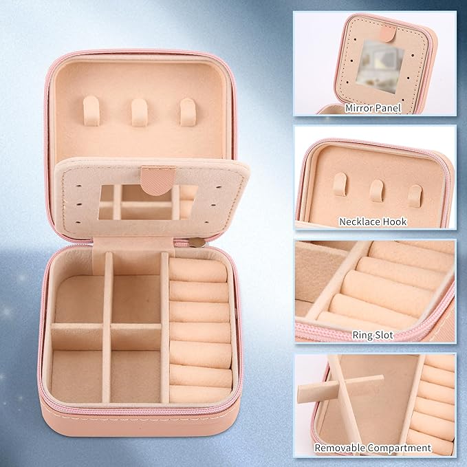 Neveika Jewelry Box with Mirror,Small Jewelry Organizer Box，Travel Jewelry Case for Women，Gift Jewelry Boxes for Female Girls (4pcs mirror pink)