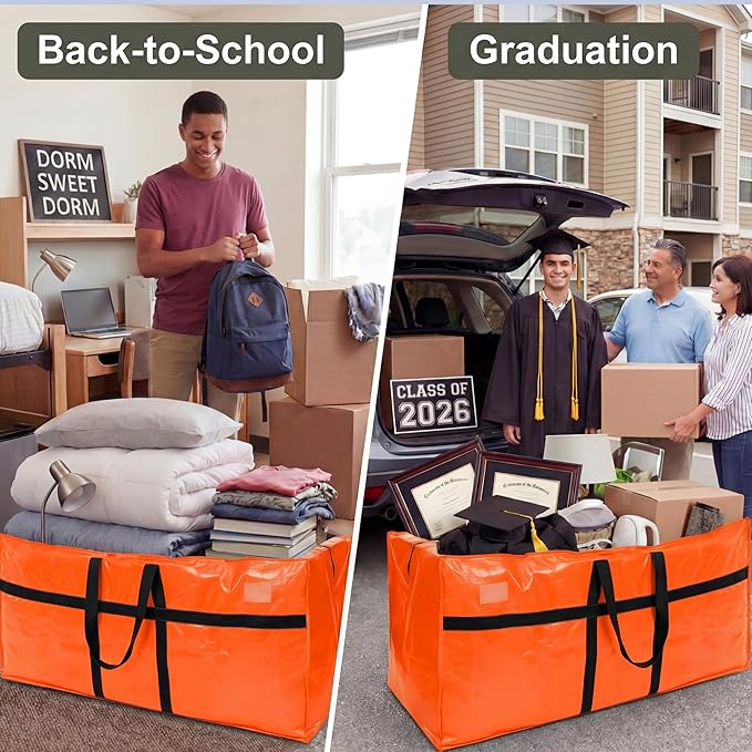 Windyun 4 Pack 69 Gallon Extra Large Moving Bags XXL Heavy Duty Storage Bag with Strong Zipper Handle Jumbo Big Tote Box Foldable for College Dorm Travel Clothes Duffle Blanket Pillow(Orange)