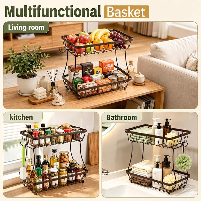 2-Tier Fruit Basket for Kitchen Counter with 2 Banana Hangers | Large Metal Fruit Bowl, Versatile Holder for Veggies, Produce Storage, 12.5"×7.5"×12"-Bronze