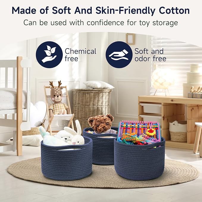 Small Rope Baskets for Storage, Baskets for Gifts Empty, Cute Round Woven Baskets, Decorative Shelf Basket 9.82×9.82×7.1", Cotton Toy Basket Storage Bins for Organizer 3 Packs Navy Blue