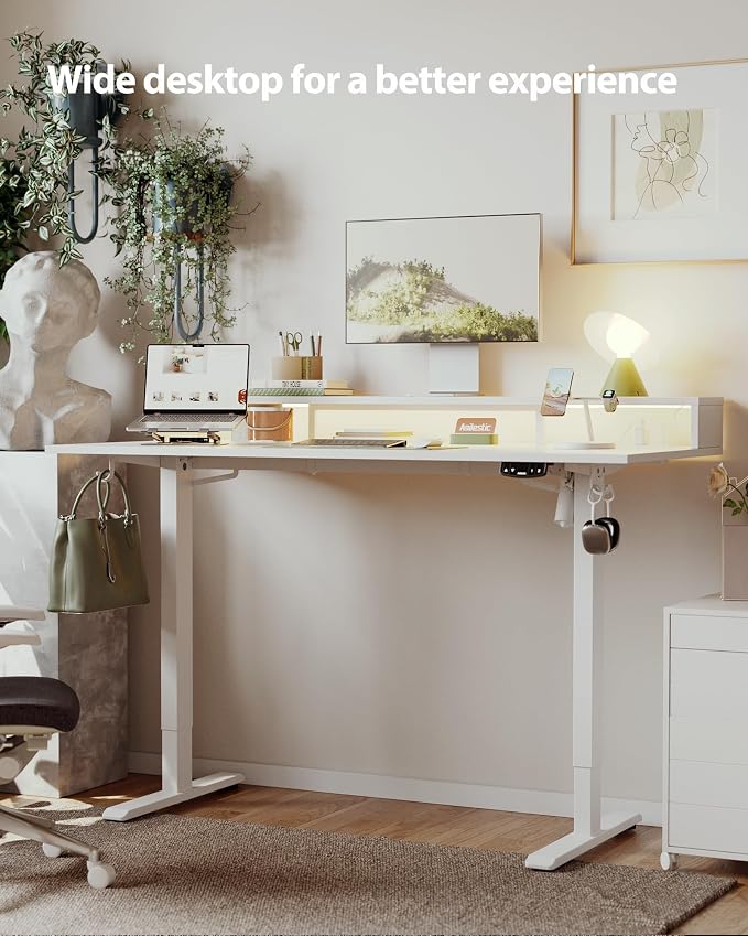 Agilestic 63x24 Inch Electric Standing Desk with Shelf, Height Adjustable with Power Outlets & LED, Sit Stand up Table with Monitor Stand, Computer Workstation, White