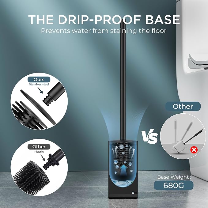 FORIOUS Toilet Cleaner Brush, 2 Toilet Bowl Brush Head Square Short Black | Heavy Duty 304 Stainless Steel Base, Silicone and Plastic Brush Heads, 360° Deep Cleaning, Drip-Proof, Splash-Proof Design