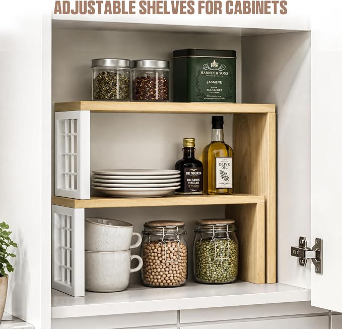Kitchen Countertop Organizer, 2 Tier Corner Counter Shelf, Beige | Adjustable Cabinet Organizer Shelf, Spice Rack, for Kitchen, Coffee Station, Stackable, Expandable, Fits Corners