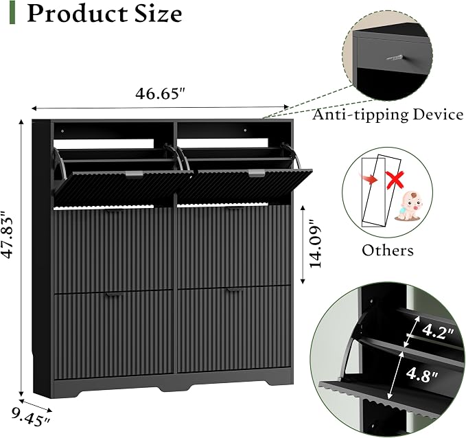 Xixini Shoe Storage Cabinet for Entryway with 6 Flip Drawers, Hidden Slim Wood Shoe Organizer with Modern Fluted Panel, Freestanding Narrow Shoe Rack for Front Door Entrance, Hallway, Foyer, Black