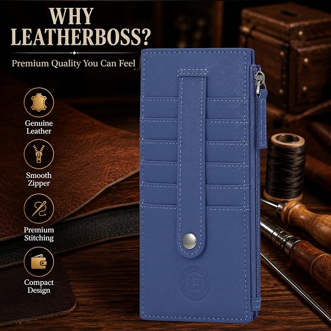 Leatherboss Genuine Leather Women's All in One Credit Business Card Case Holder Slim Zipper Wallet With a Card Protection Strap, Royal Blue