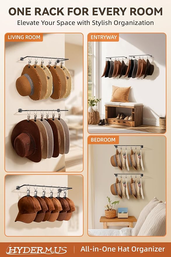 Cowboy Hat Rack for Wall Cowboy Hats Hook 12 Clips Metal Cowboy Hat Hanger | Hat Organizer for Bucket Baseball Caps Sunhat Winter Beanies Fedora Hat Holder on Wall Women Men Closet Black 2 Pcs
