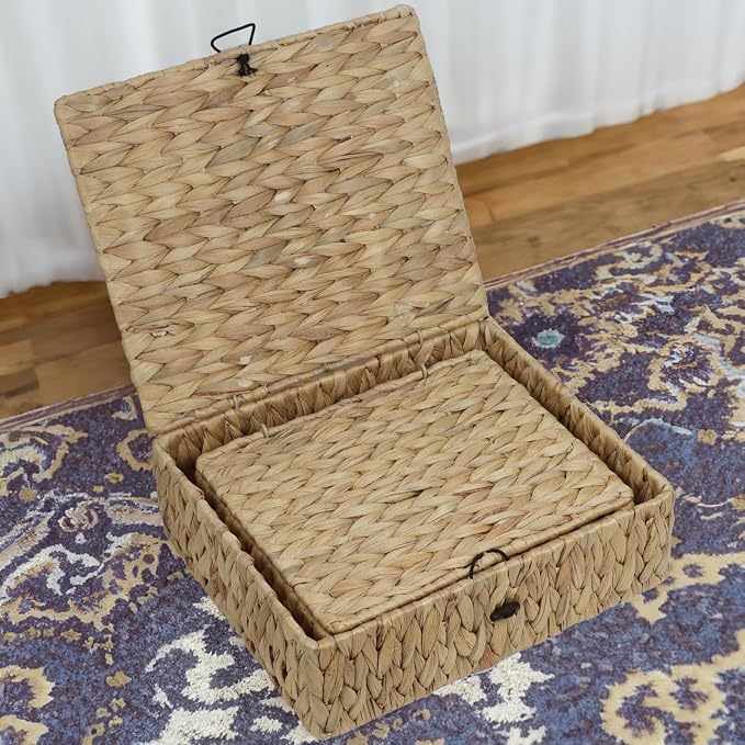 Wicker Basket with Lid, Set of 2 Decorative Storage Baskets Bins Boxes, Water Hyacinth Woven Basket for Storage, Flat Shelf Baskets for Organizing Home Decor