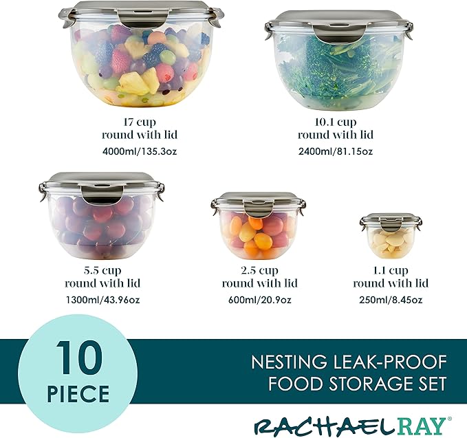 Rachael Ray Leak-Proof Nestable Container Food Storage Bin Set, 10-Piece, Clear with Gray Lids
