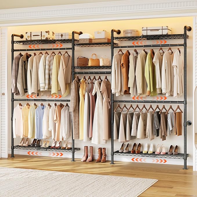 ONBRILL H3 Plus Expandable Wall Mounted Closet System, 5.7FT-8.2FT Closet Organizer with 4 Telescopic Shelves & 5 Adjustable Rods, Industrial Pipe Clothing Rack for Walk-in & Reach-in Closet (Black)