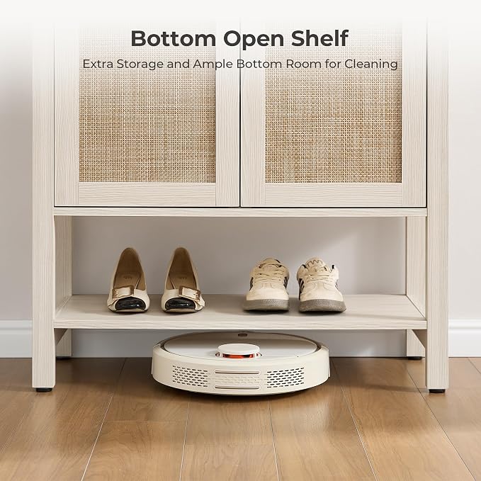 SICOTAS Rattan Shoe Cabinet with Storage - 5 Tier Farmhouse Boho Shoe Organizer Storage Cabinet with Shelves & Doors, Tall Shoe Rack Cabinet for Entryway, Living Room, Closet (White Cream Oak)