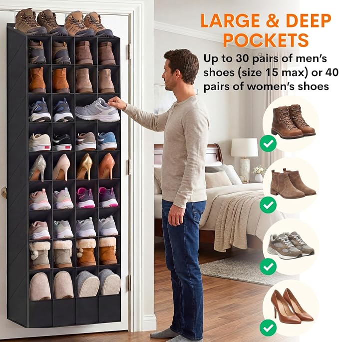 Ofiray-home Over the Door Shoe Organizer, 30-40 Pairs | Large & Deep Pockets, Fits Boots, Sneakers or Larger Shoes, Space-Saving, For Bedroom, Small Closet, Entryway