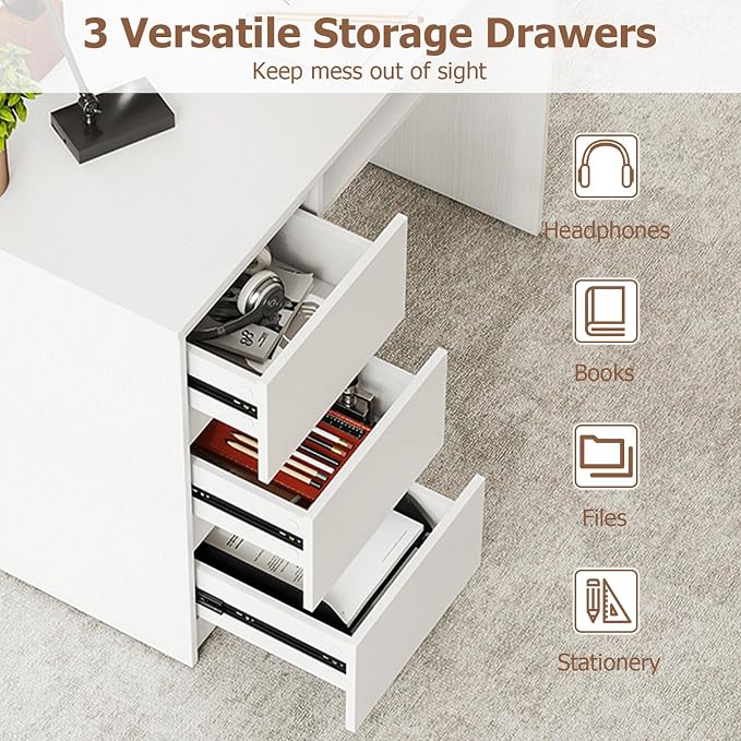 GOFLAME Computer Desk with 3 Drawers & Charging Station, 42” Home Office Desk with Storage & Keyboard Tray, Writing Desk PC Workstation Vanity Table (White)