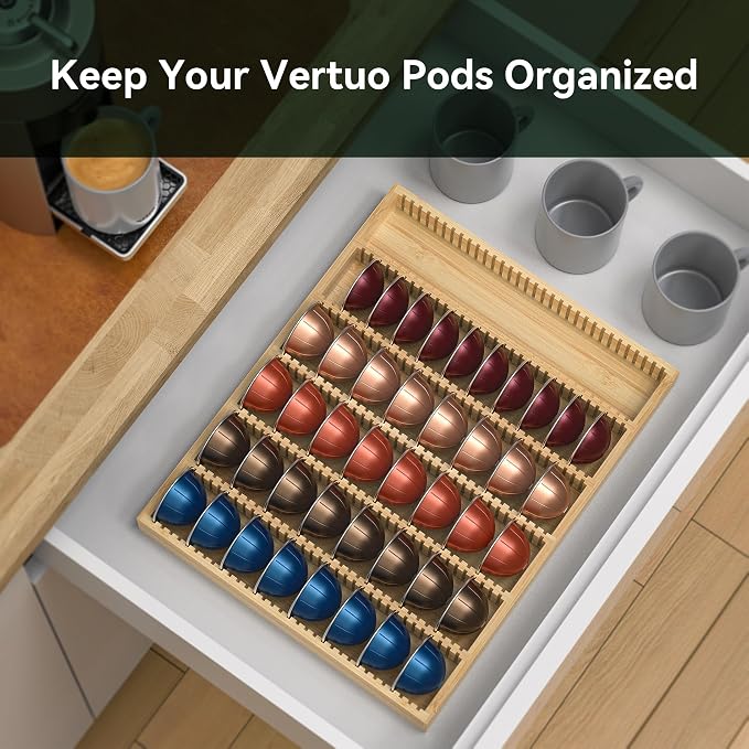 for Nespresso Vertuo Capsules Bamboo Coffee Pod Drawer Organizer | 14.84" Wx11.81" Dx1.54" H 48 Big or 60 Small Pods Holder for Counter