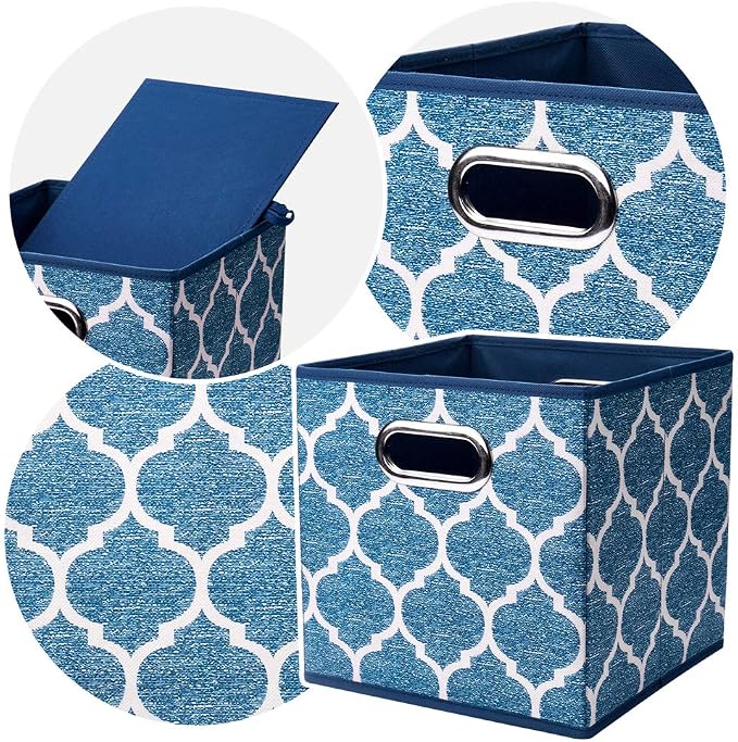 Square Fabric Cube Storage Bins 10.5x10.5 x 11In Blue Cloth Storage Cubes Baskets Foldable Storage Boxes Decorative Cubicle Strorage Inserts Cubes Drawer Organizer Closet,QY-SC09-6