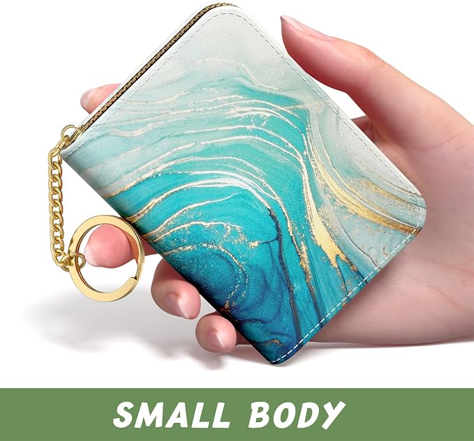 Aiawoxc Credit Card Holder for Women, Small RFID Wallet Slim Leather Card Organizer Case with Zipper and Keychain, Cyan Marble