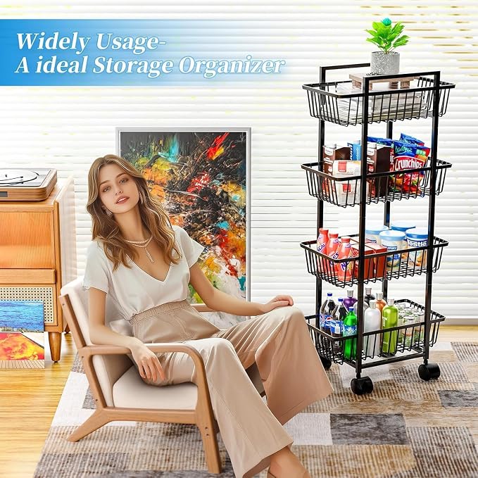 Simple Trending 4 Tier Rolling Fruit Vegetable Basket Cart, Metal Wire Kitchen Storage Organizer on Wheels for Bread Onion Potatoes, Black