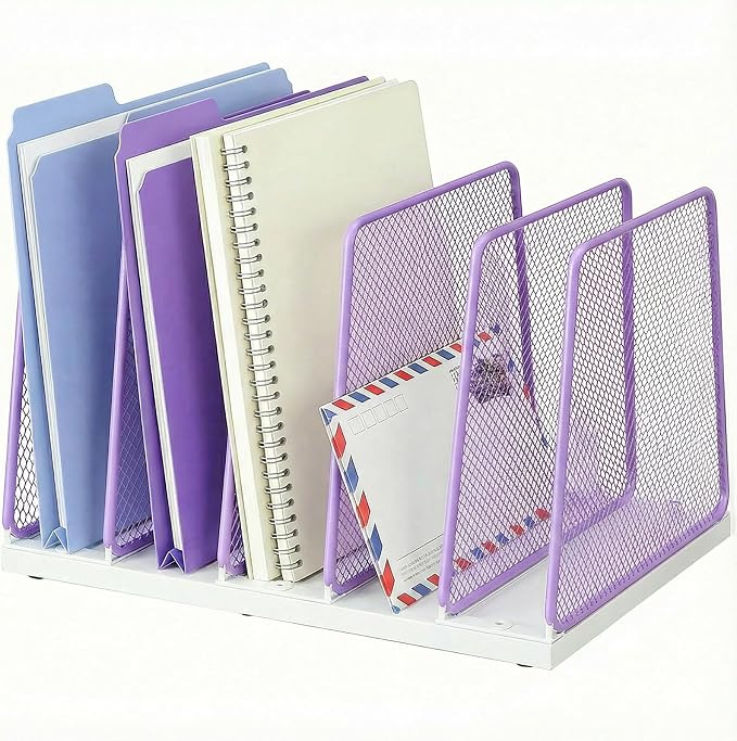 AUPSEN 5-Section File Organizer for Desk, Wood Mesh Desktop File Organizer, File Sorter Storage Rack, Vertical Folder Holder for Files, Magazines, Books (Purple)