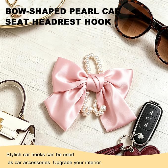 2 PCS Bow Pearl Car Seat Headrest Hook, Auto Rear Seat Hanging Organizer Elegant Pearl Decoration, Cute Bow Vehicle Interior Seatback Storage Hooks for Handbags Purses Groceries (Pink)