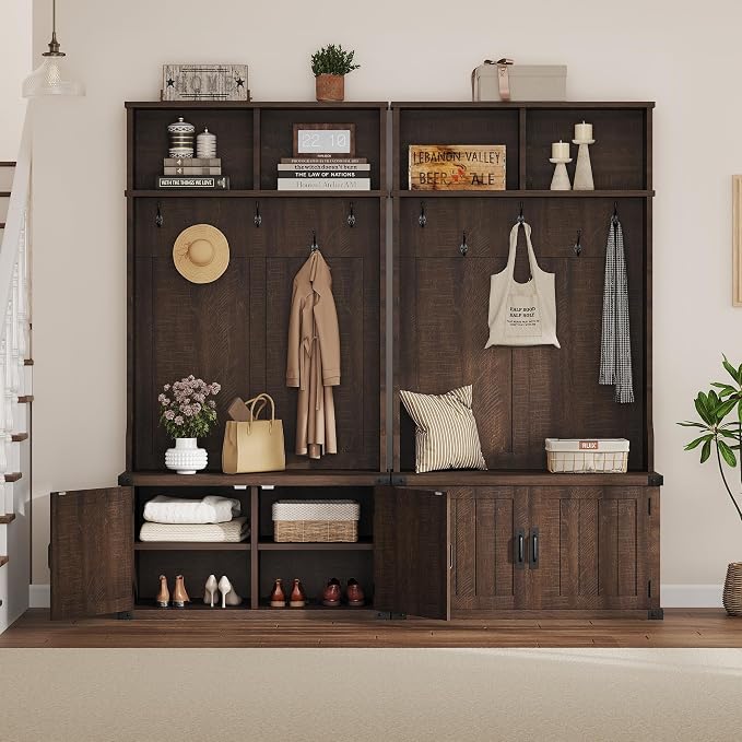 Garvee 77" H Farmhouse Hall Tree with Bench & Shoe Storage, Coat Rack | Mudroom Storage with 5 Tri-Hooks, Enclosed Cabinet, Adjustable Shelf, 2 Top Cubbies, for Entryway, Space Saving, Rustic Brown