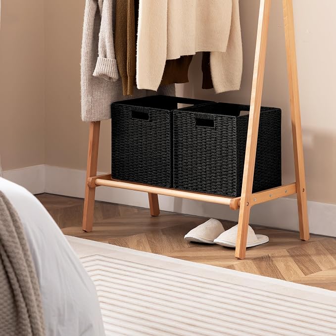 UBBCARE 4 Pack Wicker Basket, 11L×11H×10.5W inch Woven Paper Rope Storage Baskets for Shelves, Foldable Cube Storage bin with Handle, Storage Basket for Organizing & Decor, Black