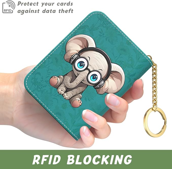Aiawoxc Credit Card Holder, Small RFID Wallet Slim Leather Card Organizer Case with Zipper and Keychain, Pretty Elephant
