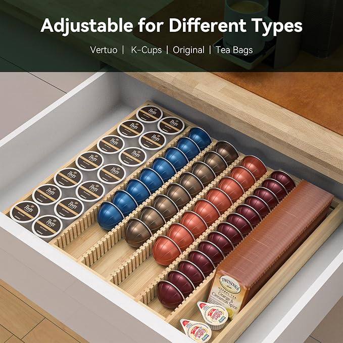 Large Expandable Bamboo Coffee Pod Drawer Organizer | 10.8" -19"W x15.67"Dx1.9"H, Compatible with Nespresso Vertuo Capsules, 40 Big or 52 Small Pods Holder for Counter