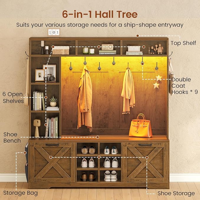 Itaar Hall Tree with Bench and Shoe Storage, 59.1" Farmhouse Entryway Bench with Coat Rack, Shoe Cabinet with Flip Drawers, 12 Shelves, 9 Coat Hooks, Storage Bag, Led Lights, Rustic Brown