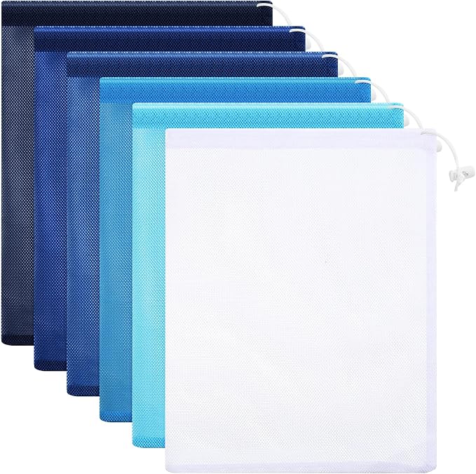 Frienda 6 Pieces Mesh Stuff Sack, 11 x 15 Inch Durable Nylon Drawstring Laundry Bag for Rinsing Beach Toys, Seashell Collecting, Mesh Bags for Travel(Blue)