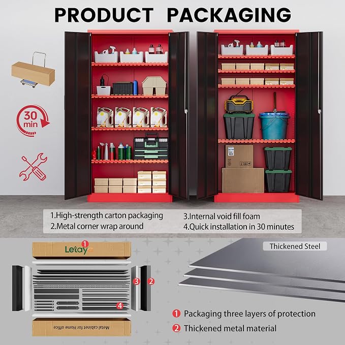 Letaya Metal Storage Cabinets with Lock, 71" Tall Locker Organizer Steel Cabinets, Adjustable Shelves 2 Doors for Home, Office, Warehouse,Garage,Industrial,Employee Lockers (Style B, Black Red)
