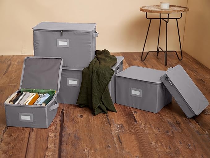 Covermates Keepsakes Zip-Top Storage Box Set, 3 Pack Heavy Duty Polyester Organizer Bins, Stackable Design, ID Window, Reinforced Handles, Closet Home Storage, Graphite