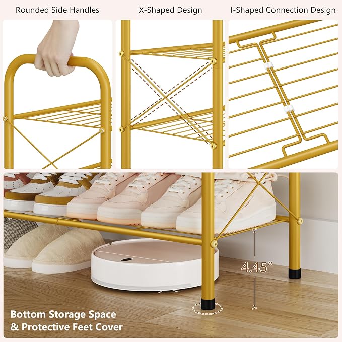 Hoctieon 5 Tier Shoe Rack for Closet, Durable Mesh Style Shoe Rack, Entryway Shoe Shelf, Shoe Storage Organizer for Hallway, Bedroom, Living Room, Wardrobe, Gold