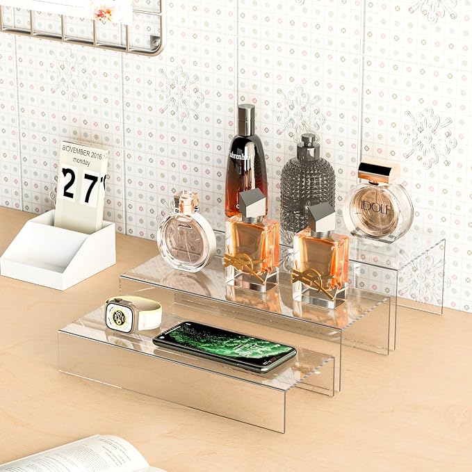 Sezanrpt Clear Riser Display Shelf 3pcs, Desktop Rectangular Acrylic Display Shelves Storage Organizer, Acrylic Stands for Funko Pop Figure, Bags, Shoes, Spice Jars, Skincare, Cosmetics - 12-2'', 3'',