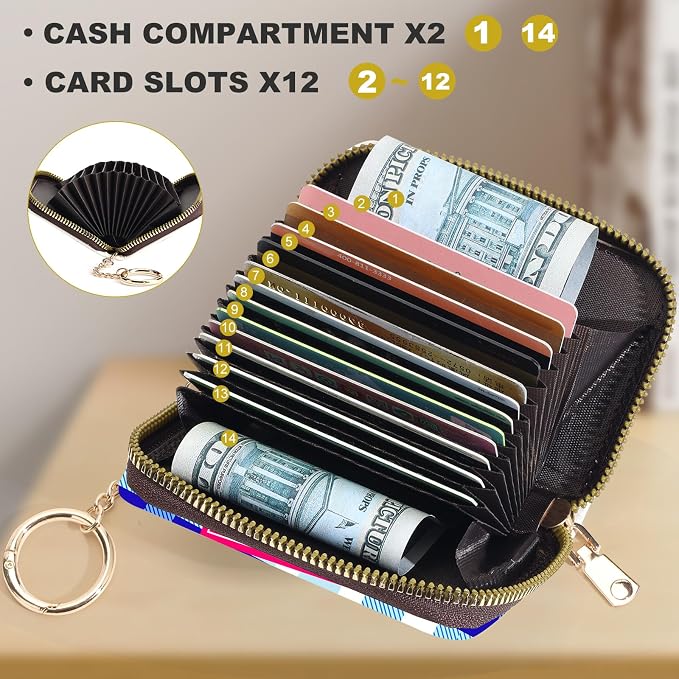 Credit Card Holder for Women,Small Rfid Wallet with Keychain Zipper,Cute PU Leather Card Case Wallet，Accordion Credit Card Wallets Gift,Blue Checkered Pattern