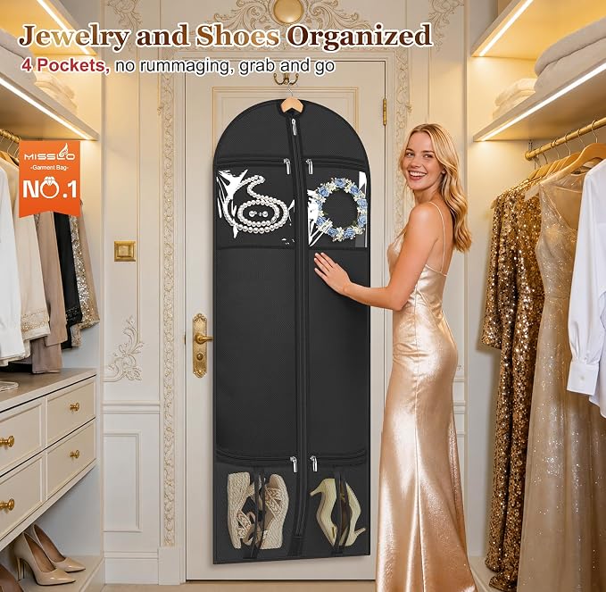 MISSLO 72" Wedding Dress Garment Bag for Travel with 4 Large Pockets Dress Bags for Gowns Long Heavy Duty Dresses Protector Bag for Closet Storage Clothing Covers for Hanging Clothes, Black