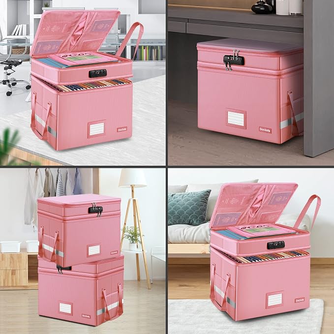 DocSafe File Box with Lock,Multi-Layer Fireproof Document Box Collapsible File Storage Organizer with Pockets/Handle,Large Portable Home Office Filing Safe for Hanging Letter/Legal Size Folders,Pink