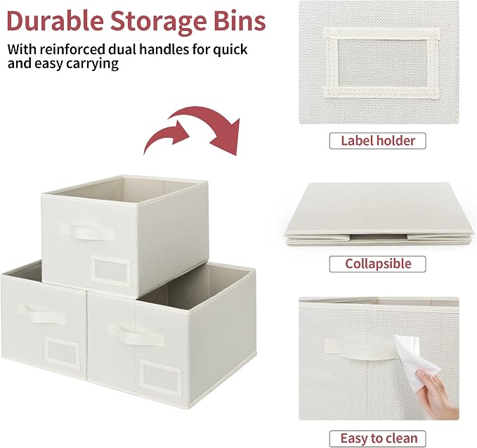 GRANNY SAYS Closet Organizer Bins with Label Holder, Fabric Storage Baskets, Foldable Storage Bins for Living Room, Decorative Storage Containers Organizing, Pearl White, Medium, 3-Pack