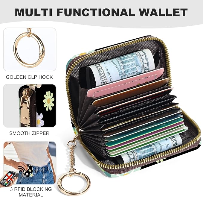 Credit Card Holder for Women,Small Rfid Wallet with Keychain Zipper,Cute PU Leather Card Case Wallet，Accordion Credit Card Wallets Gift,Green and Purple Flower C