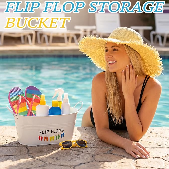 Blulu 10.6"x4.7" Flip Flop Storage Bucket Metal Poolside Basket Above Ground Pool Bin Summer Basket Outdoor Storage for Sunscreen Goggles Flip Flop Spf Swimming Camping Beach Accessories Decor