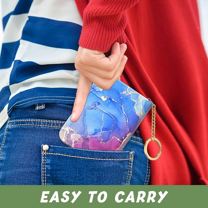 Aiawoxc Credit Card Holder for Women, Small RFID Wallet Slim Leather Card Organizer Case with Zipper and Keychain, Purple Marble