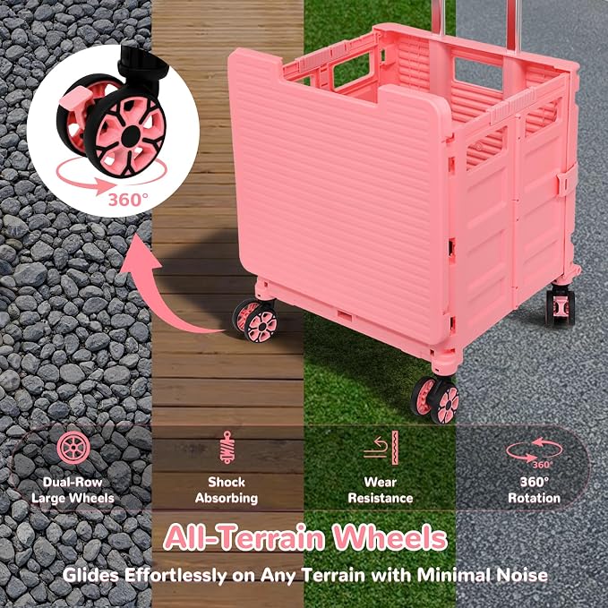 FELICON SELORSS Folding Utility Cart Portable Rolling Crate Handcart-Pink | Magnetic Sliding Lid+Lockable Transparent Front Panel,Telescoping Handle,4 Swivel Wheels Tote for Travel Shop Office Teacher