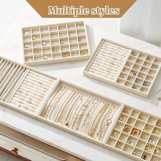 Large Jewelry Organizer for Drawer Insert Velvet Stackable Jewelry Trays for Earring Necklace Bracelet Ring Display (Beige, Ring and 24 Grids)