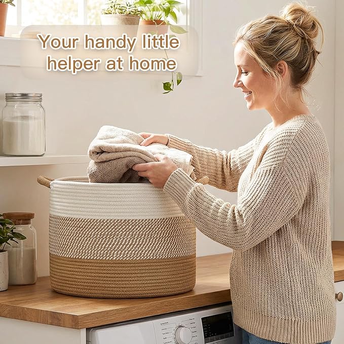 Artfeel 100L Large Cotton Rope Basket, Decorative Woven Blanket Storage for Living Room, Boho Toy Storage & Toy Box for Kids, Versatile Laundry Basket & Nursery Hamper for Blankets(Brown)